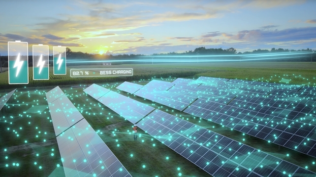 Aerial view of a solar farm with electricity flow to BESS Battery Energy Storage System. 3D graphic Aerial view of a solar farm with electricity flow to BESS Battery Energy Storage System. 3D graphic