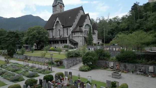 Aerial view of Vaduz Cathedral and surrounding cemetery Liechtenstein.