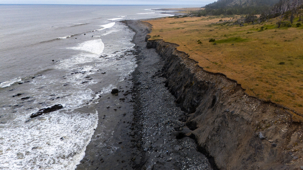 Aerial view of the rugged Lost Coast with steep cliffs and a rocky shoreline in Humboldt County California United States.