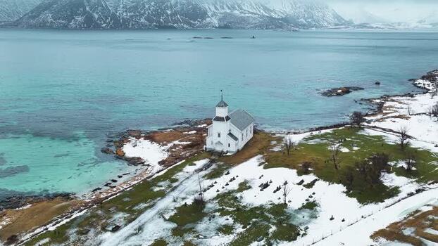 Aerial view of Gims&oslash;y Kirke Church Norway.