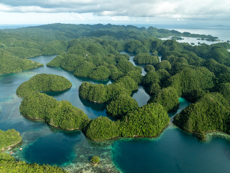 Aerial view of the lush green limestone islets of Bucas Grande surrounded by turquoise waters and coral reefs under a cloudy sky in Siargao Philippines. Aerial view of the lush green limestone islets of Bucas Grande surrounded by turquoise waters and coral reefs under a cloudy sky in Siargao Philippines.