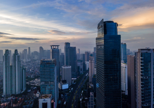 South Jakarta Indonesia 10 January 2026 Aerial view of the modern skyscrapers and urban skyline of the Sudirman Central Business District during sunset. South Jakarta Indonesia 10 January 2026 Aerial view of the modern skyscrapers and urban skyline of the Sudirman Central Business District during sunset.