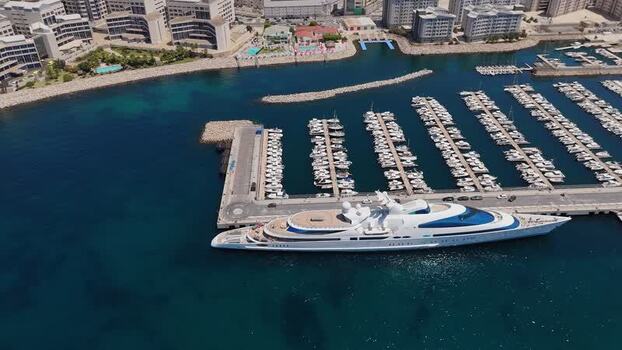 Aerial view of luxury yacht at Mid Harbour Marina Gibraltar. Aerial view of luxury yacht at Mid Harbour Marina Gibraltar.
