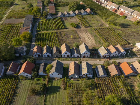 Aerial view of Hajos pincefalu with its traditional wine cellars vineyards and rural landscape in Hajos Hungary. Aerial view of Hajos pincefalu with its traditional wine cellars vineyards and rural landscape in Hajos Hungary.
