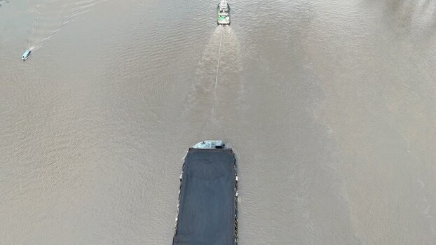 Aerial view of coal barge in Barito River Indonesia.
