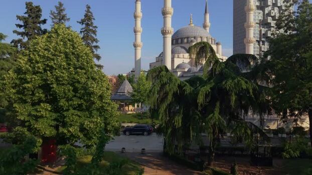 Aerial view of Namazgah Mosque and city skyline Albania.
