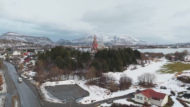 Aerial view of Buksnes Church Norway.