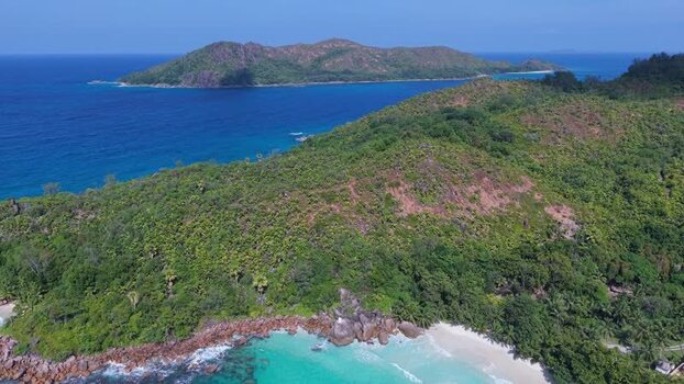 Aerial view of Anse Lazio beach in Baie Sainte Anne Seychelles.