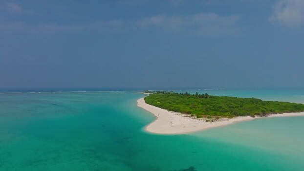 Aerial view of lush island with white sands Maldives.