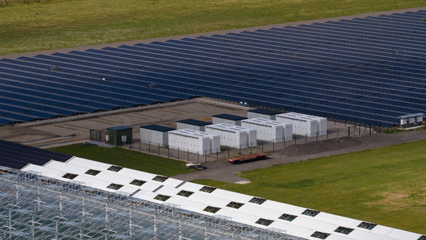 Aerial view of Battery Storage System at Greenhouses and Solar Park Aerial view of Battery Storage System at Greenhouses and Solar Park