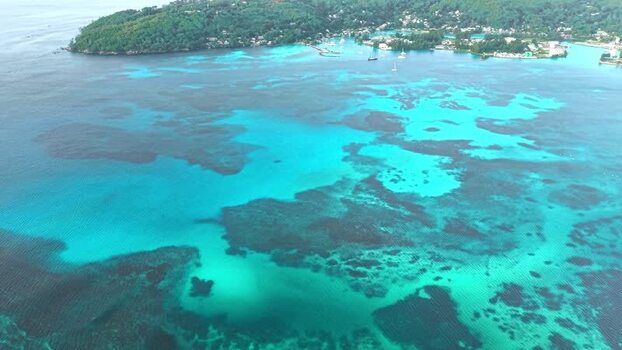 Aerial view of Praslin Ferry Harbour and coral reefs Seychelles.