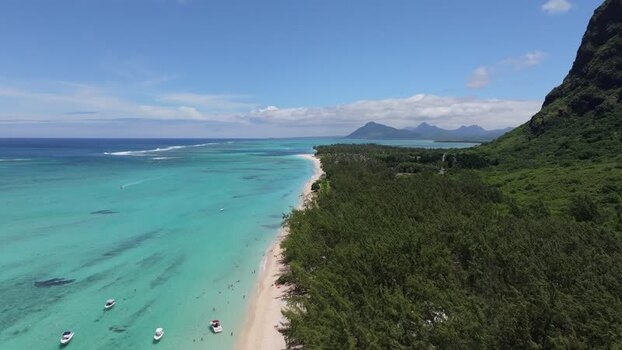 Aerial view of Le Morne Brabant and turquoise lagoon Mauritius.