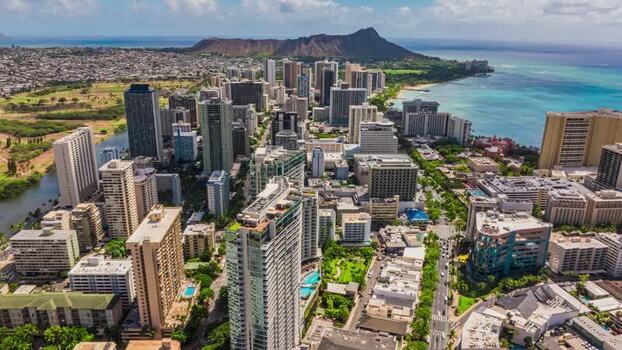 Aerial view of Honolulu skyline and Diamond Head United States.