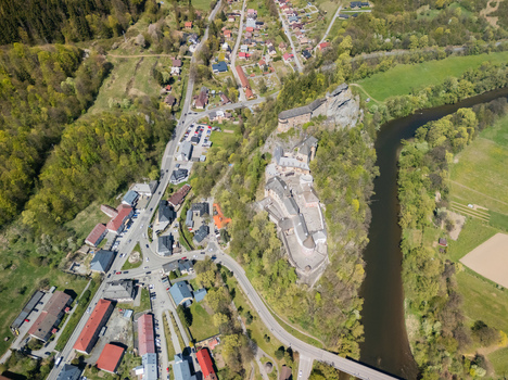 Aerial view of Orava Castle perched on a steep rock cliff above the Orava river in Oravsky Podzamok Zilina Region Slovakia. Aerial view of Orava Castle perched on a steep rock cliff above the Orava river in Oravsky Podzamok Zilina Region Slovakia.