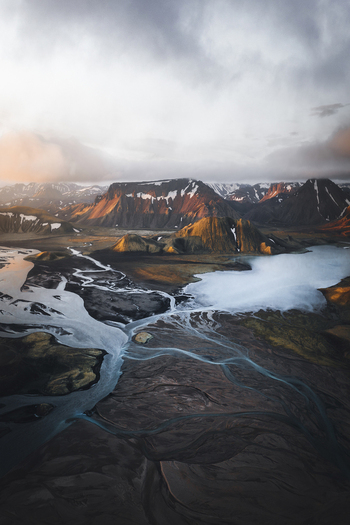Aerial Drone View of Landmannalaugar landscape with its glacier streams Highlands Iceland.