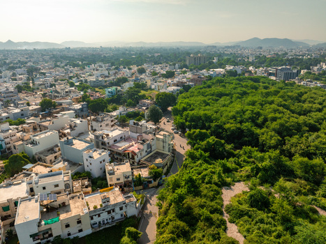 Aerial view of the urban landscape featuring a mix of residential buildings dense green foliage and a winding road in Udaipur Rajasthan India.