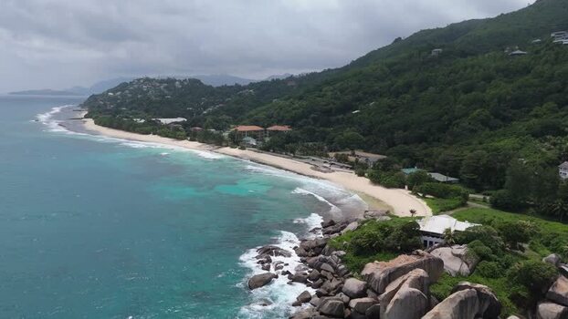 Aerial view of Mahe coastline and beach Seychelles.
