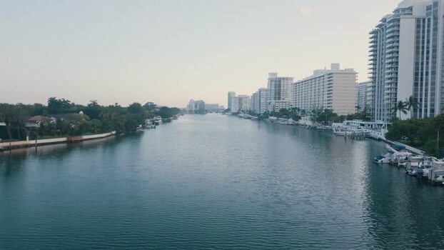Aerial view of Miami Beach waterfront United States.