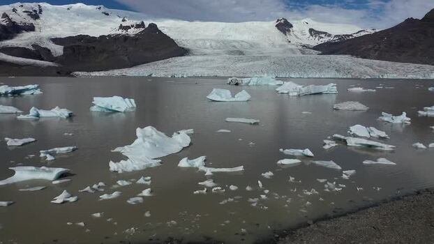 Aerial view of Svinafellsjokull Glacier and icebergs Iceland.