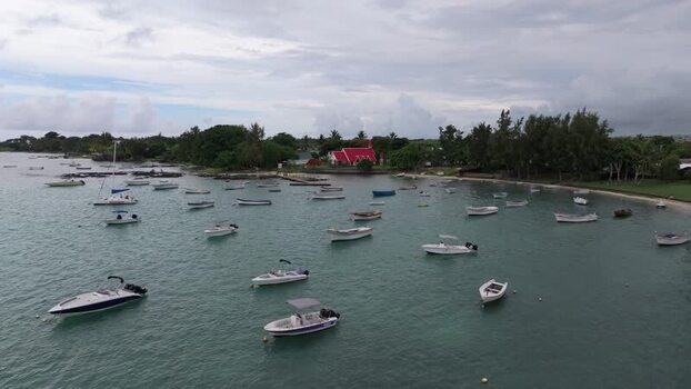 Aerial view of Cap Malheureux church and boats in Mauritius.