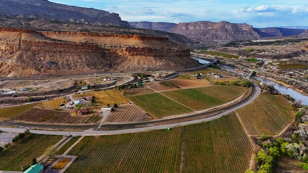 Aerial view of vibrant green vineyards juxtaposed against the rugged red cliffs a tranquil river winding through the landscape Palisade Colorado USA. Aerial view of vibrant green vineyards juxtaposed against the rugged red cliffs a tranquil river winding through the landscape Palisade Colorado USA.