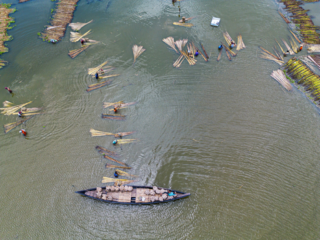 Natore Bangladesh 25 July 2026 Aerial view of workers processing jute stalks in the water with bundles of jute floating and a traditional wooden boat.