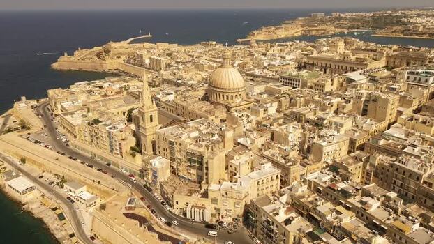 Aerial view of the historic skyline and dome in Valletta Malta.