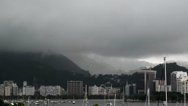 View of the city skyline and harbor under dark clouds Brazil.