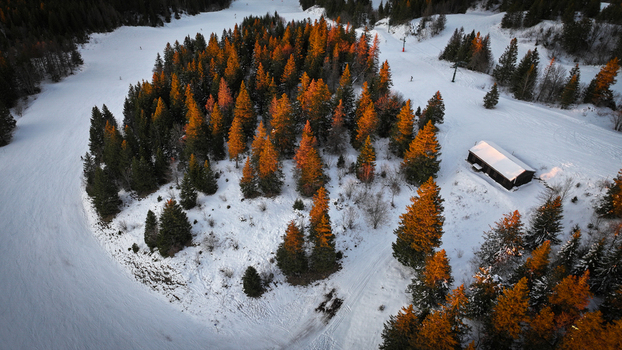 Aerial view of Col de la Faucille featuring golden lit pine trees and a wooden cabin on snow covered ski slopes in Gex Auvergne Rhone Alpes France. Aerial view of Col de la Faucille featuring golden lit pine trees and a wooden cabin on snow covered ski slopes in Gex Auvergne Rhone Alpes France.
