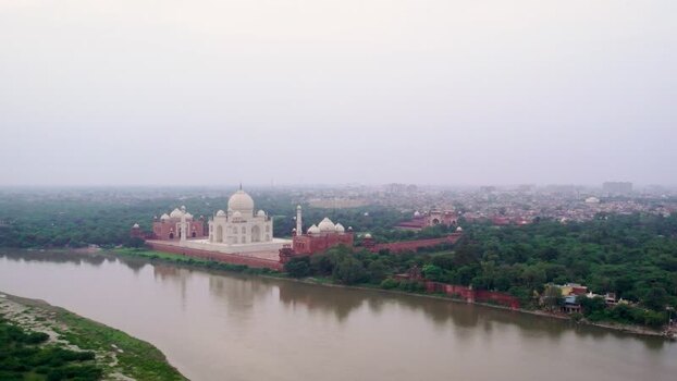 Aerial view of the Taj Mahal on the Yamuna River India. Aerial view of the Taj Mahal on the Yamuna River India.