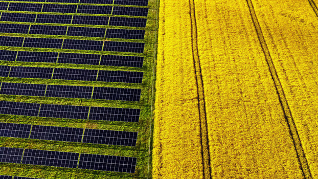 Aerial view of solar panels installed in a field next to a vibrant yellow rapeseed crop in Latvia. Aerial view of solar panels installed in a field next to a vibrant yellow rapeseed crop in Latvia.
