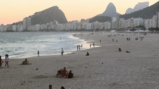 View of Copacabana Beach with people at sunset in Rio de Janeiro Brazil.
