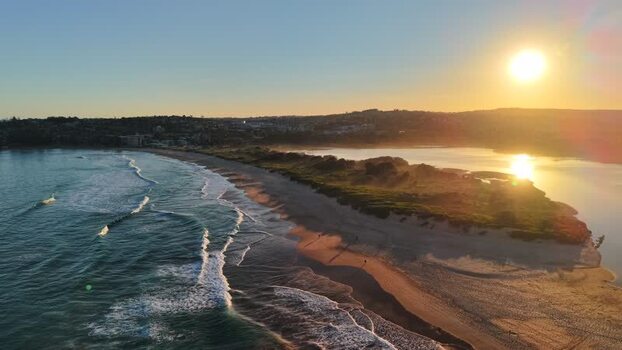 Aerial view of Dee Why Lagoon at sunset in Northern Beaches Australia.