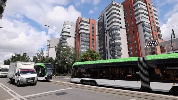 View of modern tram on city street in Kaliningrad Russia.