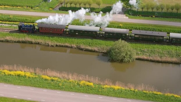 Aerial view of Museum Hoorn Medemblik steam train Netherlands.