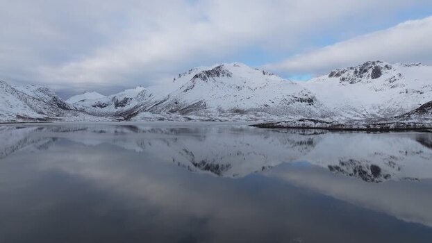 Aerial view of Lofoten mountains in Norway.
