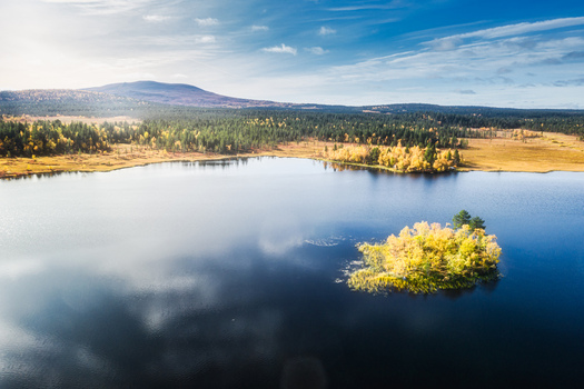 Aerial view of a serene lake with a small island covered in golden autumn foliage surrounded by dense pine forests and rolling hills in Enontekio Lapland Finland. Aerial view of a serene lake with a small island covered in golden autumn foliage surrounded by dense pine forests and rolling hills in Enontekio Lapland Finland.