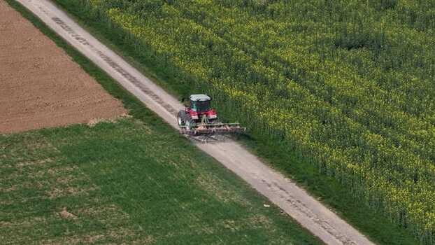 Aerial view of tractor on a path France.