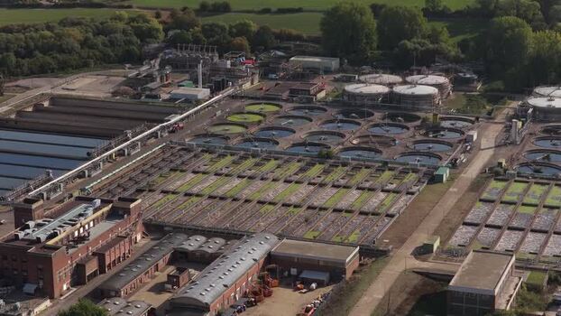 Aerial view of water treatment plant in Maple Cross United Kingdom.