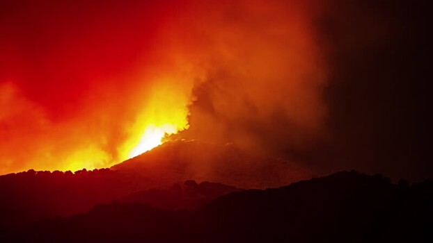 View of volcanic eruption at night in Spain.