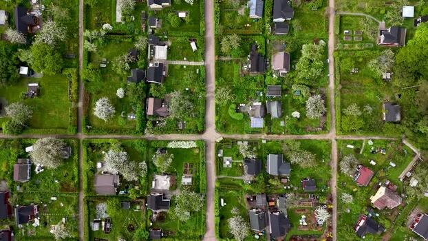 Aerial view of residential gardens and houses in Finland.
