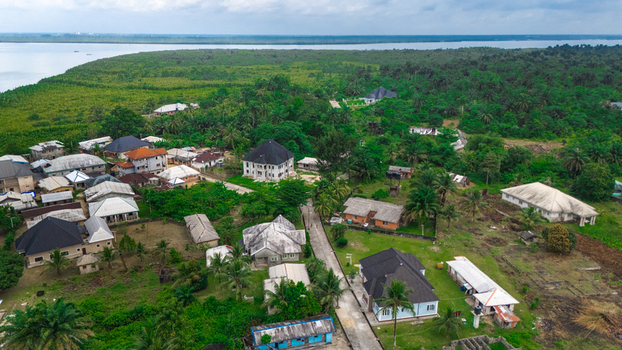 Aerial view of residential houses with metal roofs surrounded by lush green vegetation and palm trees in the rural landscape of Minima Rivers Nigeria.