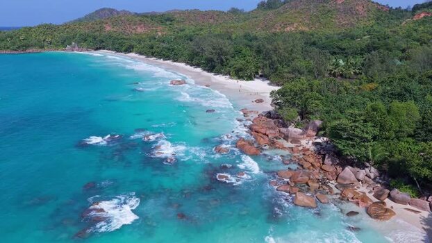 Aerial view of Anse Lazio beach in Seychelles.