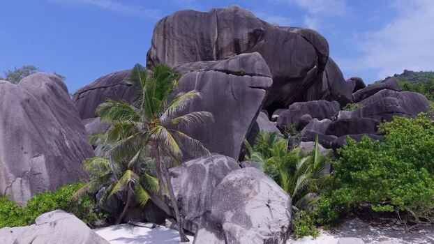 Aerial view of Anse Reunion granite boulders in Seychelles.