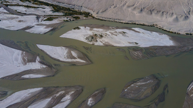 Aerial view of the Shigar River with its braided channels sandbars and surrounding arid landscape in Skardu Gilgit Pakistan.