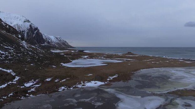 Aerial view of Lofoten snowy landscape in Vagan Municipality Norway.