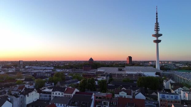 Aerial view of Heinrich Hertz Turm and Hamburg skyline at sunset Germany.