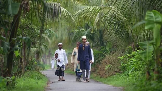 View of men walking on a road through palm trees Bangladesh. View of men walking on a road through palm trees Bangladesh.