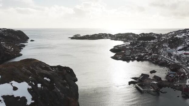 Aerial view of Nusfjord fishing village Norway.