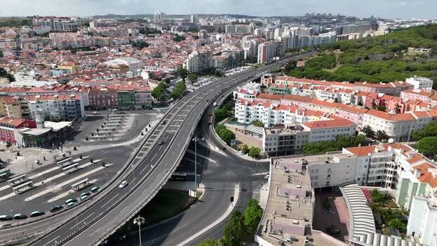 Aerial view of highway interchange in Alges Portugal.